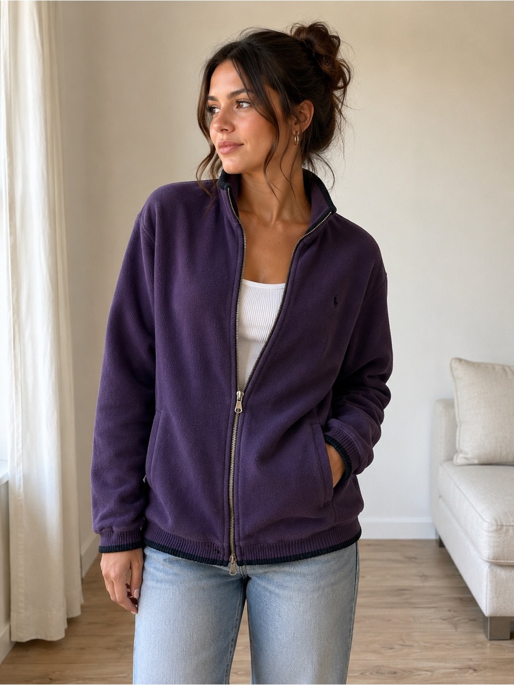 Vintage Polo Ralph Lauren USA Plum Purple Full Zip Fleece Jacket Made in USA M